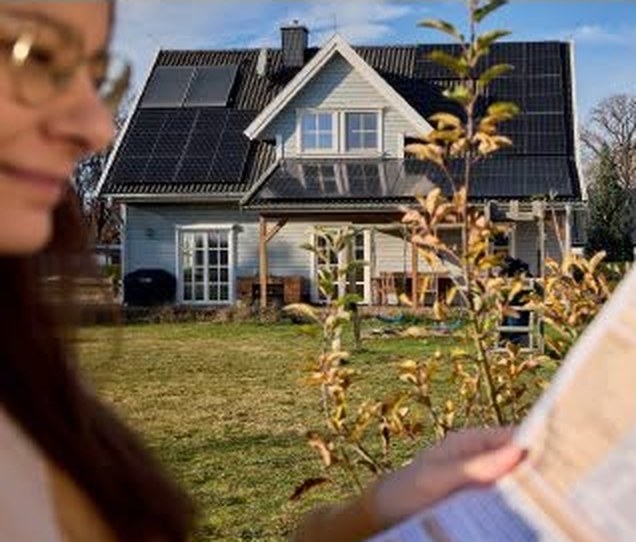 Frau liest Infomaterial vor einem Einfamilienhaus mit Photovoltaikanlage