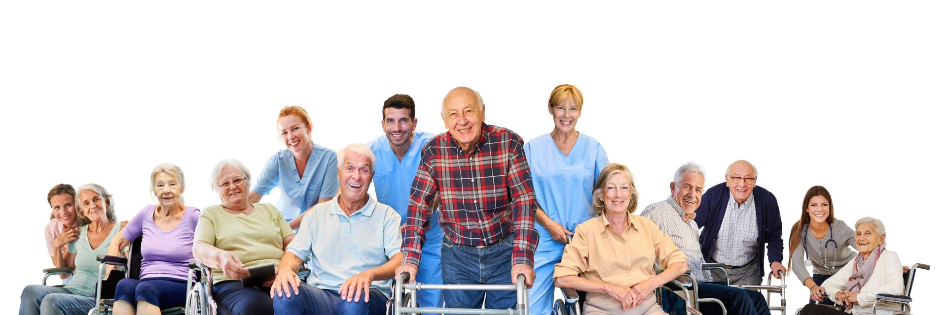 Menschen verschiedener Generationen mit Pflegekräften, Rollstühlen und Rollator